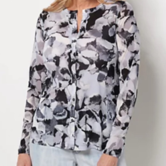 LOGO by Lori Goldstein Mesh Cardigan Top Black Gray Size XL Button Up Semisheer - Picture 1 of 10